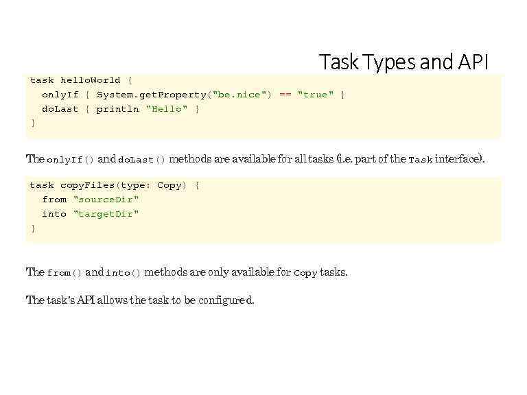 Task Types and API task hello. World { only. If { System. get. Property(