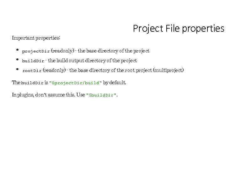 Important properties: Project File properties project. Dir (readonly) - the base directory of the