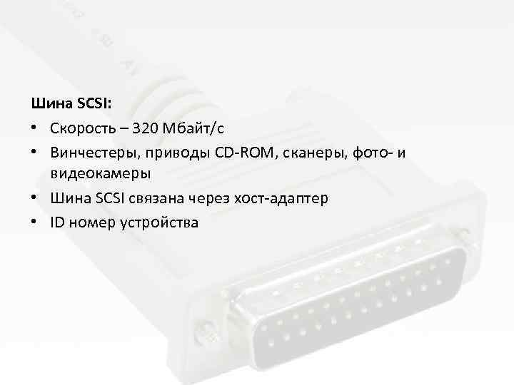 Шина SCSI: • Скорость – 320 Мбайт/с • Винчестеры, приводы CD-ROM, сканеры, фото- и