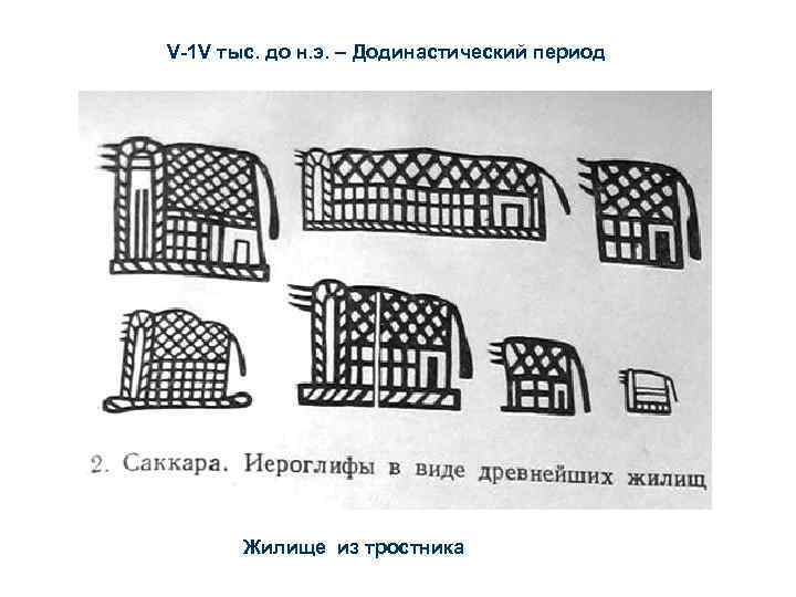 V-1 V тыс. до н. э. – Додинастический период Жилище из тростника 