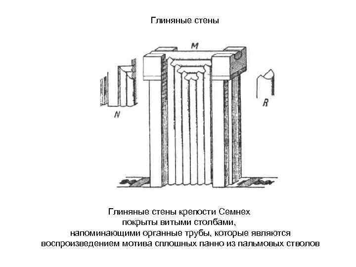 Глиняные стены крепости Семнех покрыты витыми столбами, напоминающими органные трубы, которые являются воспроизведением мотива