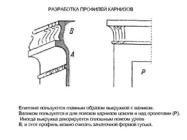 РАЗРАБОТКА ПРОФИЛЕЙ КАРНИЗОВ Египтяне пользуются главным образом выкружкой с валиком. Валиком пользуются и для