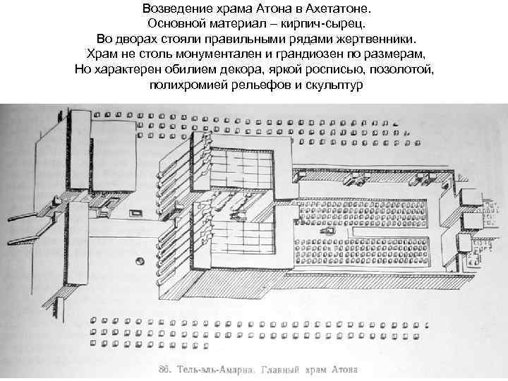 Возведение храма Атона в Ахетатоне. Основной материал – кирпич-сырец. Во дворах стояли правильными рядами