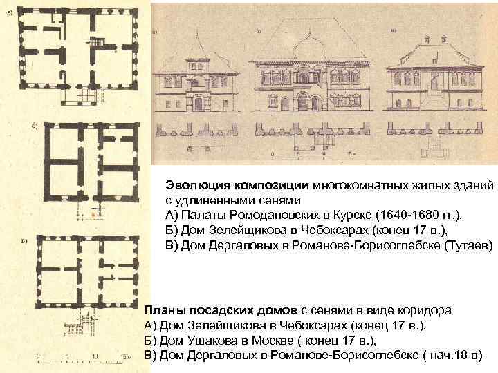 Эволюция композиции многокомнатных жилых зданий с удлиненными сенями А) Палаты Ромодановских в Курске (1640