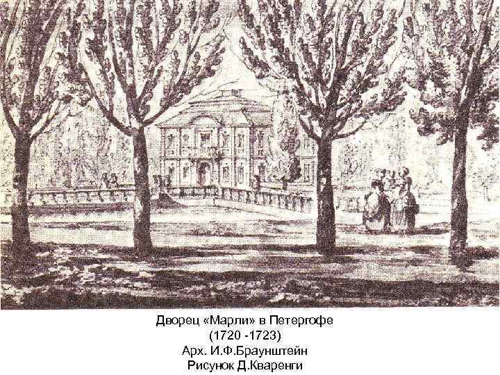 Дворец «Марли» в Петергофе (1720 -1723) Арх. И. Ф. Браунштейн Рисунок Д. Кваренги 