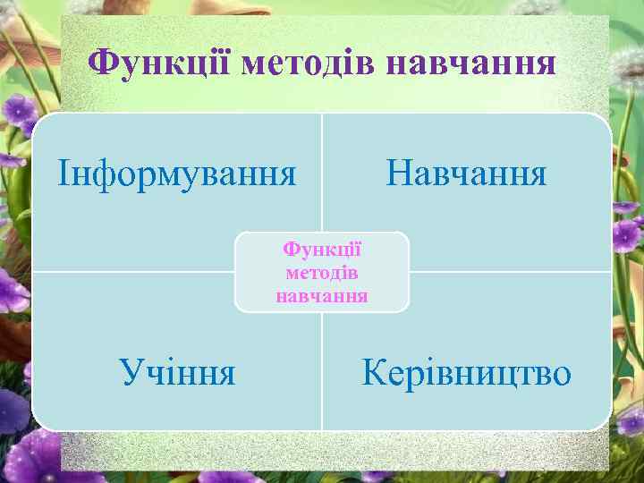 Функції методів навчання Інформування Навчання Функції методів навчання Учіння Керівництво 