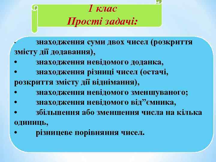 1 клас Прості задачі: знаходження суми двох чисел (розкриття змісту дії додавання), • знаходження