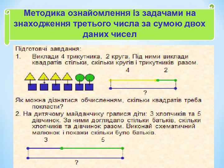 Методика ознайомлення із задачами на знаходження третього числа за сумою двох даних чисел 