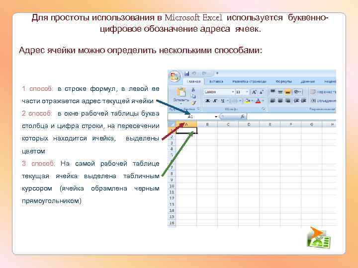 Для простоты использования в Microsoft Excel используется буквенноцифровое обозначение адреса ячеек. Адрес ячейки можно