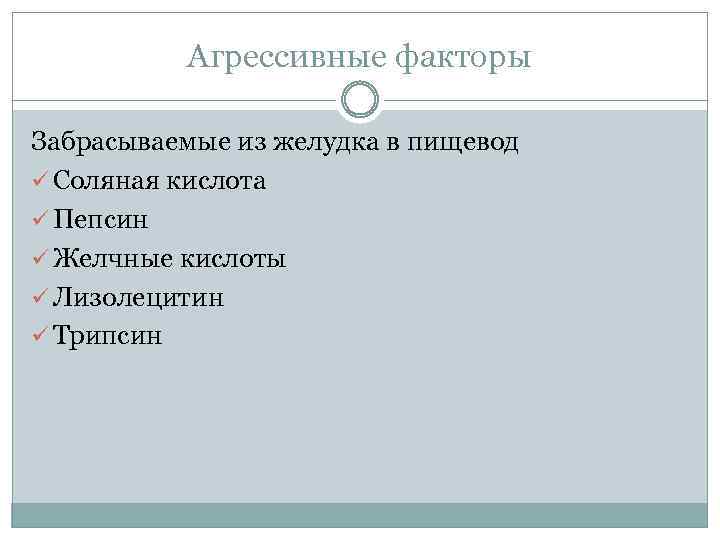 Агрессивные факторы Забрасываемые из желудка в пищевод ü Соляная кислота ü Пепсин ü Желчные