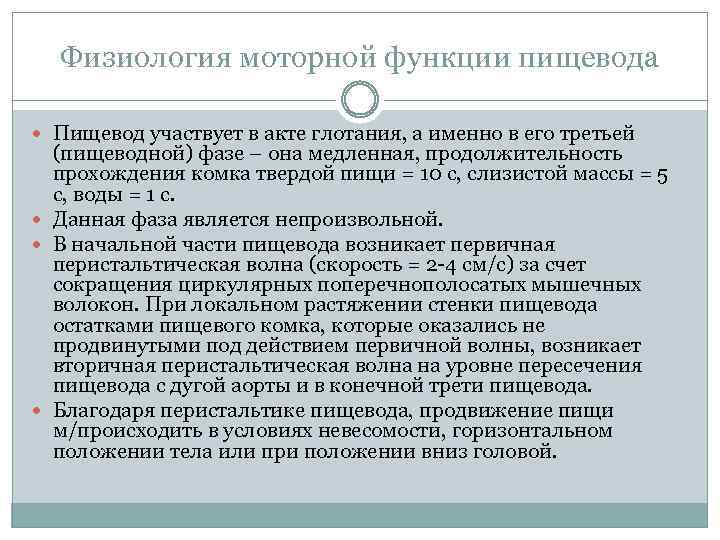 Физиология моторной функции пищевода Пищевод участвует в акте глотания, а именно в его третьей