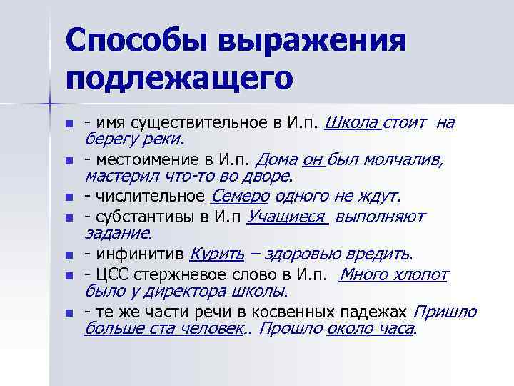 Способы выражения подлежащего n n n n - имя существительное в И. п. Школа