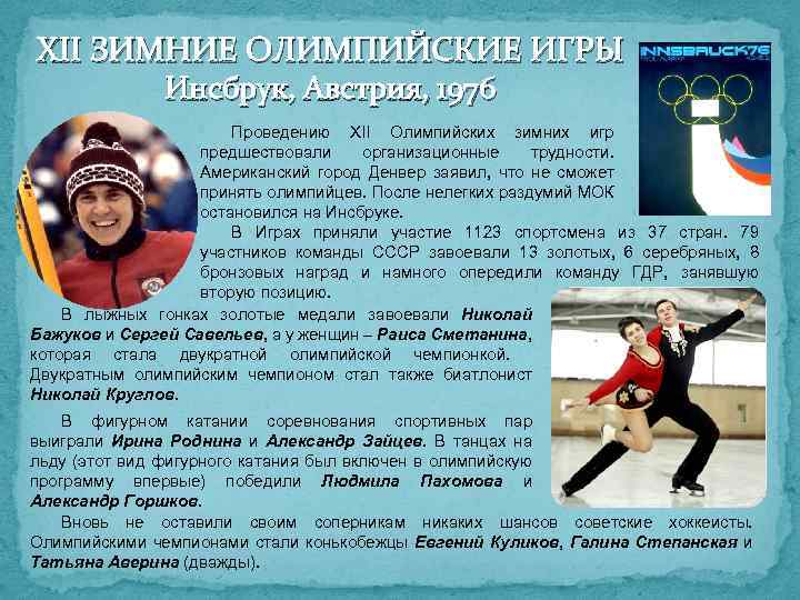 XII ЗИМНИЕ ОЛИМПИЙСКИЕ ИГРЫ Инсбрук, Австрия, 1976 Проведению ХII Олимпийских зимних игр предшествовали организационные