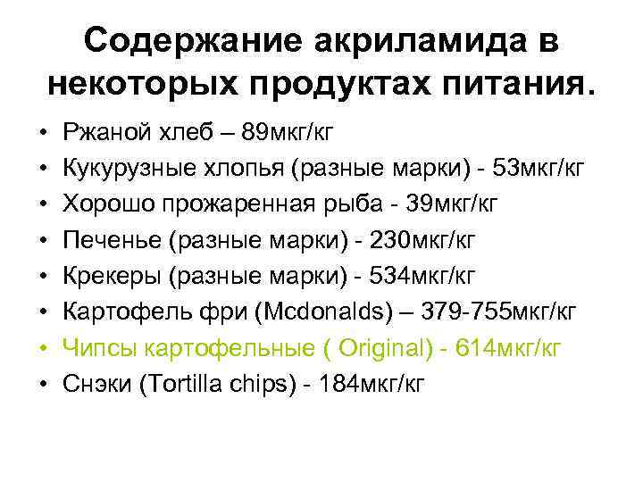 Содержание акриламида в некоторых продуктах питания. • • Ржаной хлеб – 89 мкг/кг Кукурузные
