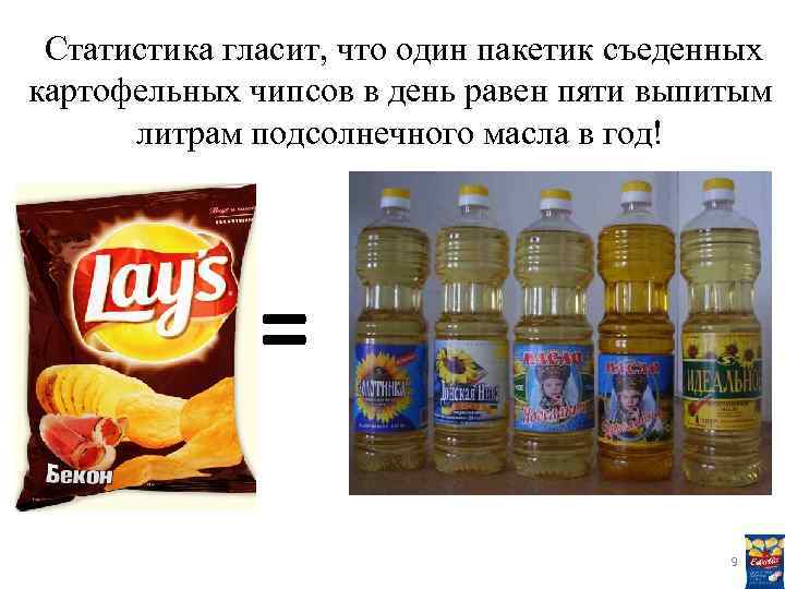 Статистика гласит, что один пакетик съеденных картофельных чипсов в день равен пяти выпитым литрам