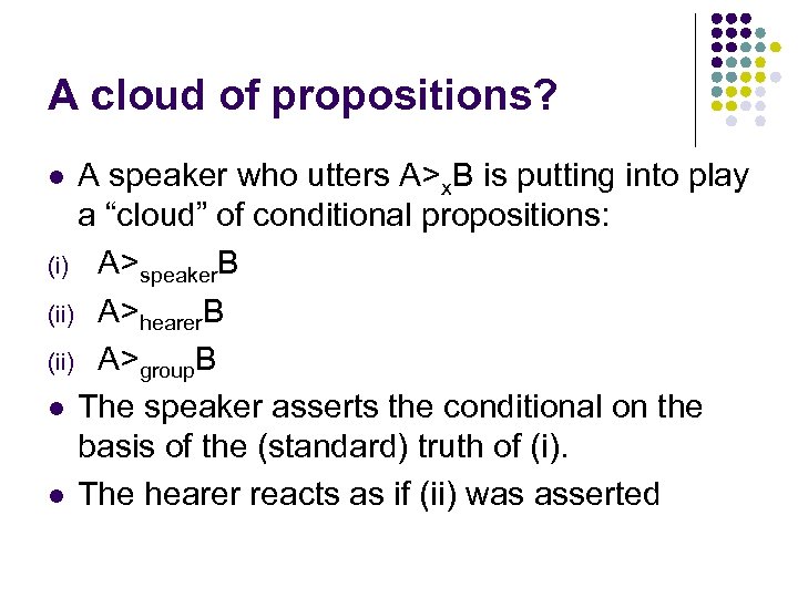 A cloud of propositions? A speaker who utters A>x. B is putting into play