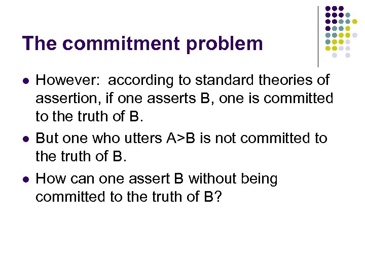 The commitment problem l l l However: according to standard theories of assertion, if