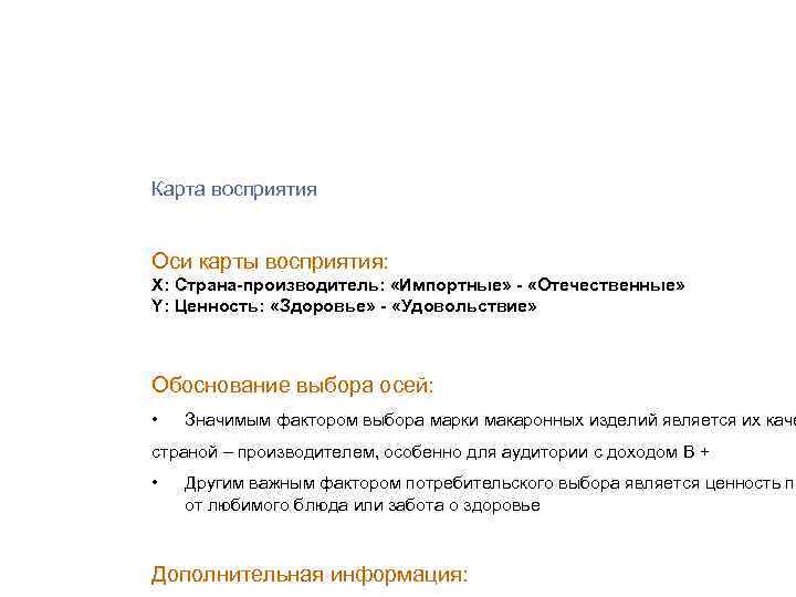 Карта восприятия Оси карты восприятия: X: Страна-производитель: «Импортные» - «Отечественные» Y: Ценность: «Здоровье» -