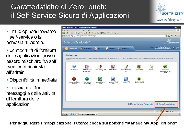 Caratteristiche di Zero. Touch: il Self-Service Sicuro di Applicazioni www. softricity. com • Tra