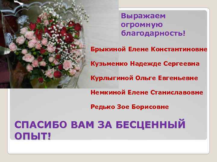 Выражаем огромную благодарность! Брыкиной Елене Константиновне Кузьменко Надежде Сергеевна Курлыгиной Ольге Евгеньевне Немкиной Елене
