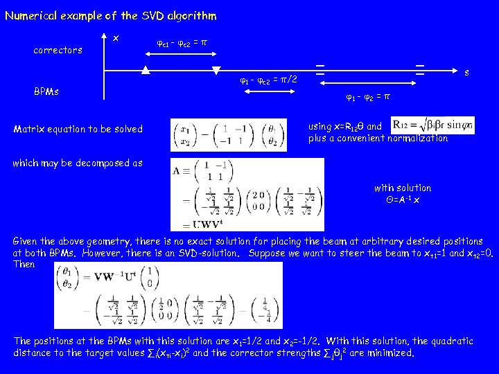 Numerical example of the SVD algorithm correctors x BPMs Matrix equation to be solved