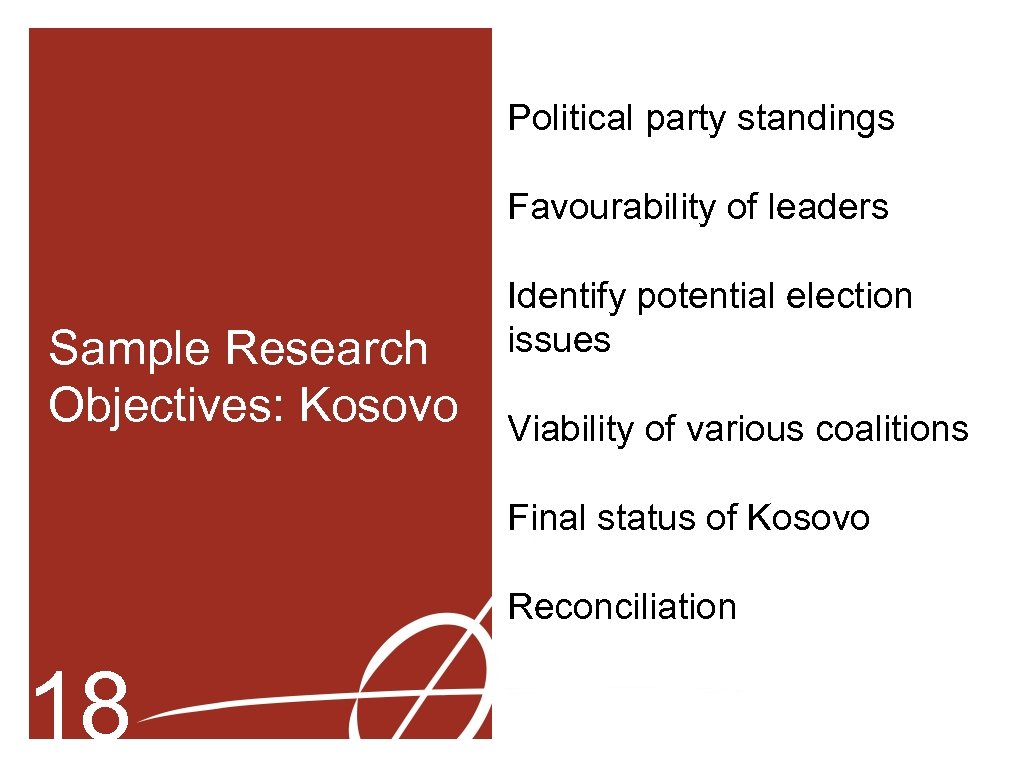 Political party standings Favourability of leaders Sample Research Objectives: Kosovo Identify potential election issues