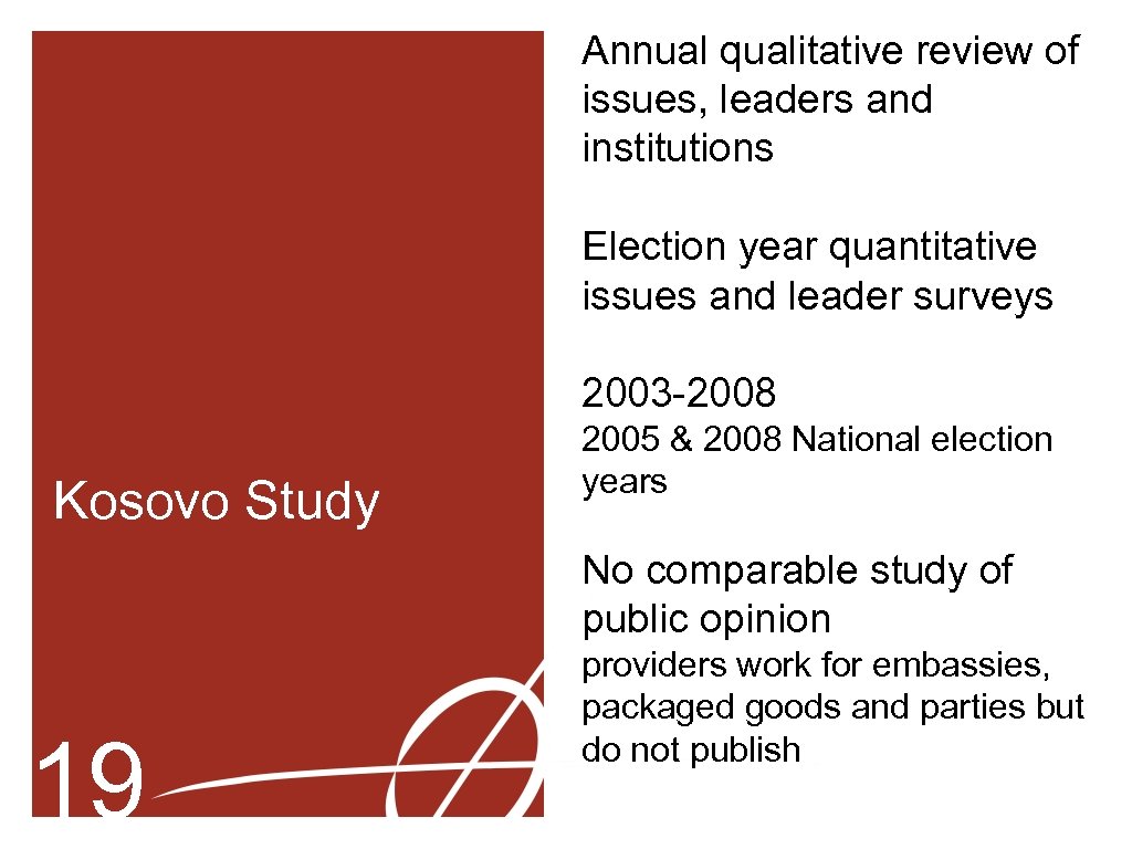 Annual qualitative review of issues, leaders and institutions Election year quantitative issues and leader