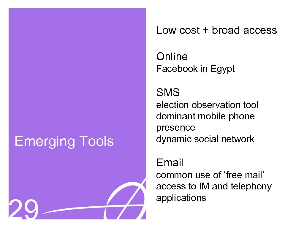 Low cost + broad access Online Facebook in Egypt SMS Emerging Tools election observation