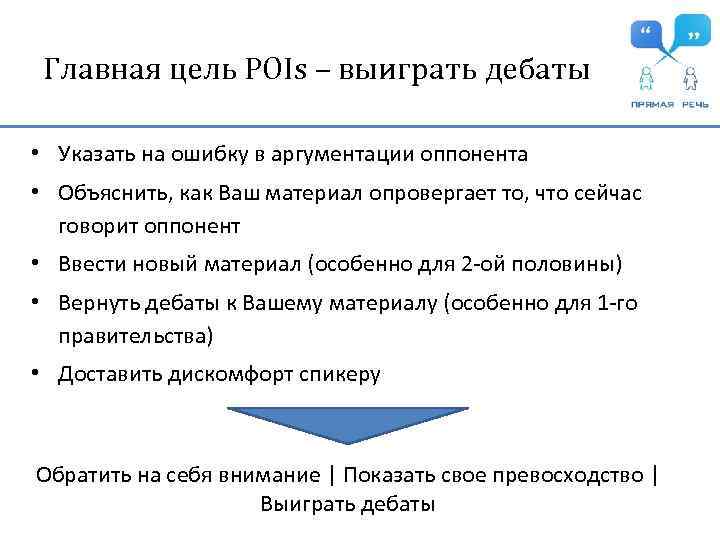 Главная цель POIs – выиграть дебаты • Указать на ошибку в аргументации оппонента •