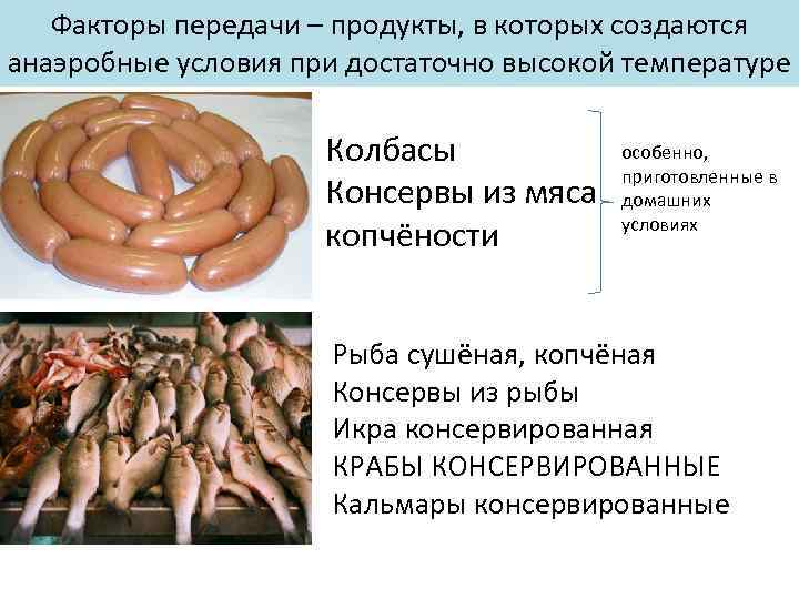 Факторы передачи – продукты, в которых создаются анаэробные условия при достаточно высокой температуре Колбасы