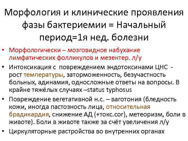 Морфология и клинические проявления фазы бактериемии = Начальный период=1 я нед. болезни • Морфологически