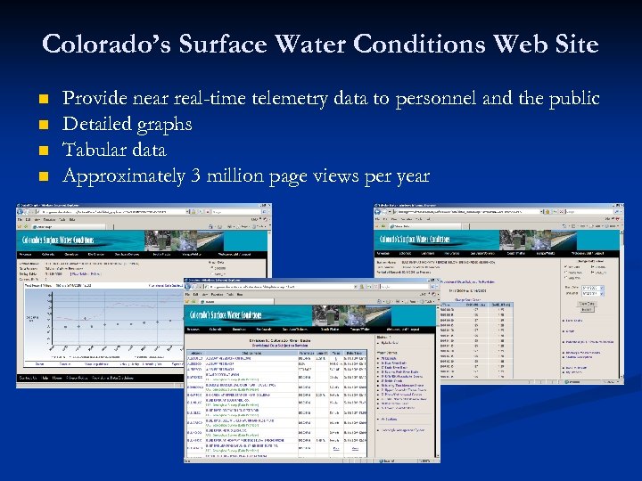 Colorado’s Surface Water Conditions Web Site n n Provide near real-time telemetry data to