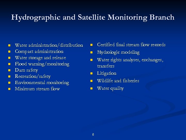 Hydrographic and Satellite Monitoring Branch n n n n Water administration/distribution Compact administration Water
