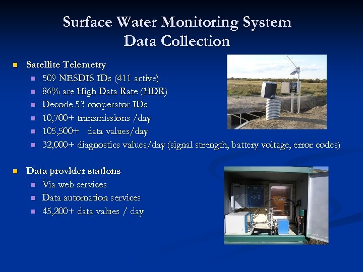 Surface Water Monitoring System Data Collection n Satellite Telemetry n 509 NESDIS IDs (411