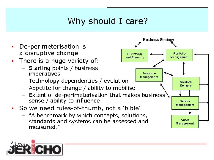 Why should I care? Business Strategy De-perimeterisation is a disruptive change § There is
