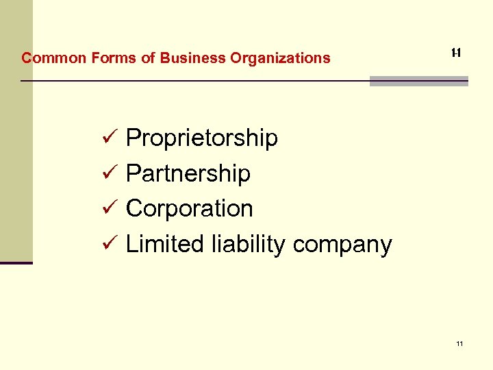 Common Forms of Business Organizations 1 -1 ü Proprietorship ü Partnership ü Corporation ü