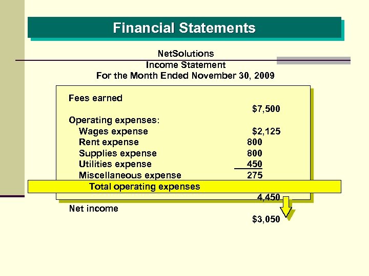 Financial Statements Net. Solutions Income Statement For the Month Ended November 30, 2009 Fees