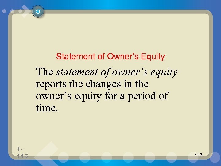 5 Statement of Owner’s Equity The statement of owner’s equity reports the changes in