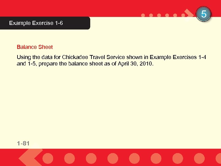 5 Example Exercise 1 -6 Balance Sheet Using the data for Chickadee Travel Service