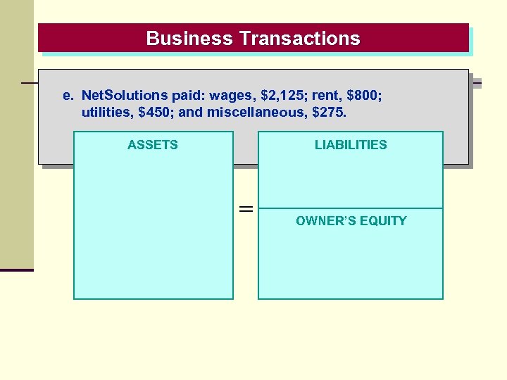 Business Transactions e. Net. Solutions paid: wages, $2, 125; rent, $800; utilities, $450; and