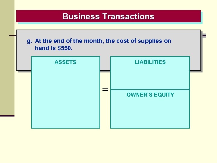 Business Transactions g. At the end of the month, the cost of supplies on