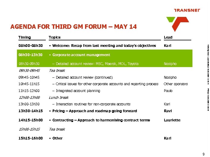 AGENDA FOR THIRD GM FORUM – MAY 14 Topics Lead 08 h 00 -08