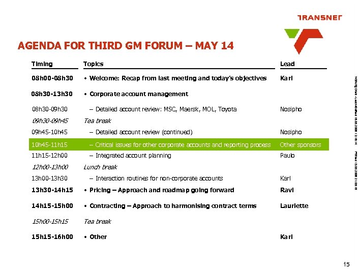 AGENDA FOR THIRD GM FORUM – MAY 14 Topics Lead 08 h 00 -08