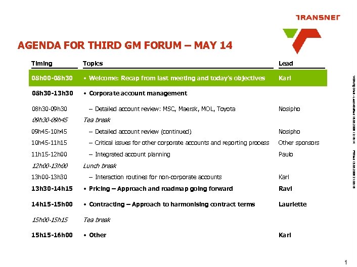AGENDA FOR THIRD GM FORUM – MAY 14 Topics Lead 08 h 00 -08