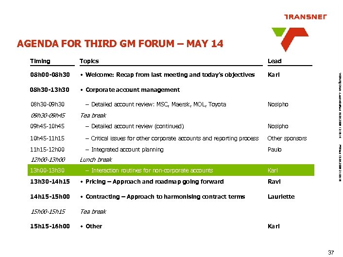 AGENDA FOR THIRD GM FORUM – MAY 14 Topics Lead 08 h 00 -08