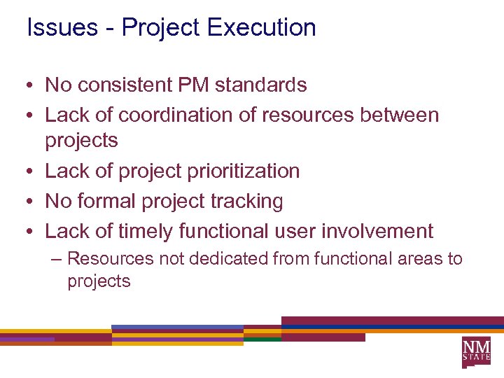 Issues - Project Execution • No consistent PM standards • Lack of coordination of