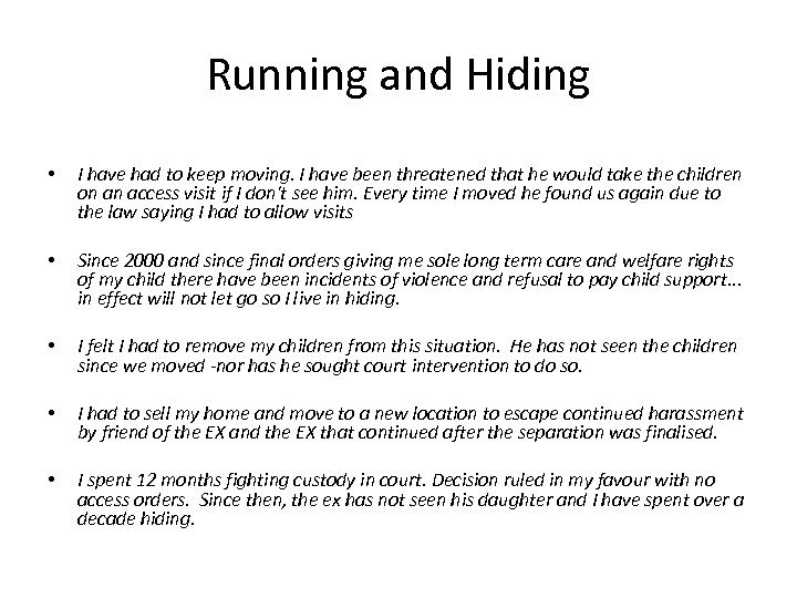 Running and Hiding • I have had to keep moving. I have been threatened