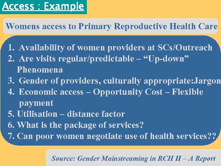 Access : Example Womens access to Primary Reproductive Health Care 1. Availability of women