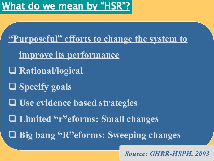 What do we mean by “HSR”? “Purposeful” efforts to change the system to improve