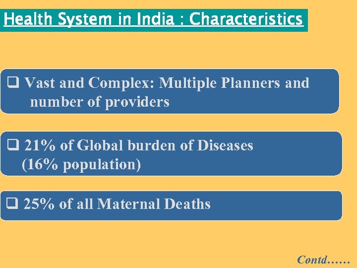 Health System in India : Characteristics q Vast and Complex: Multiple Planners and number